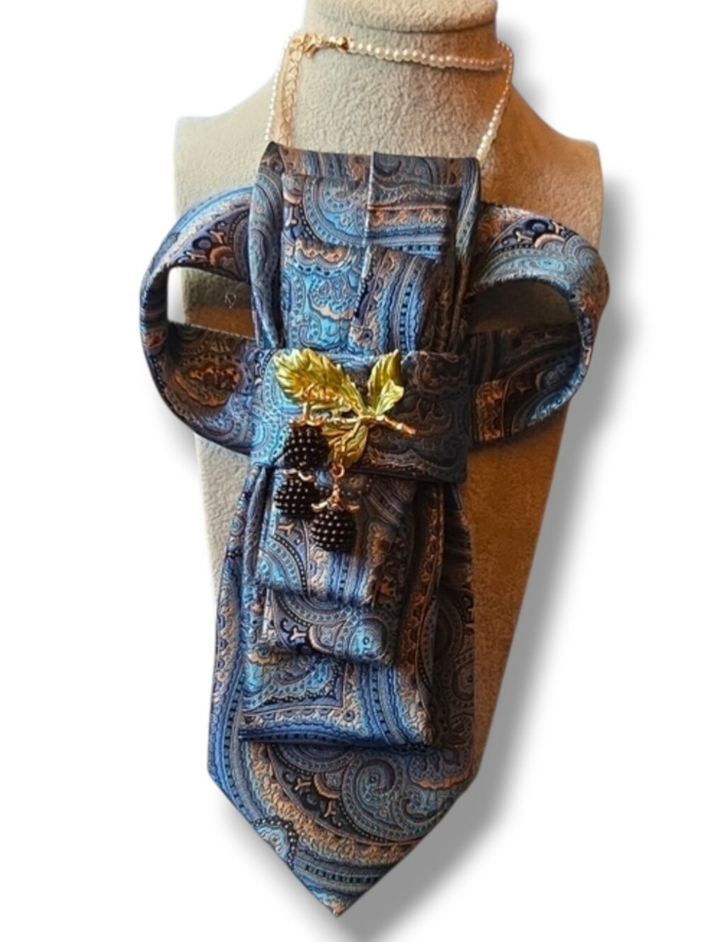 3/$60 Blue Paisley Cravat with Gold Leaf Blackberry Brooch
